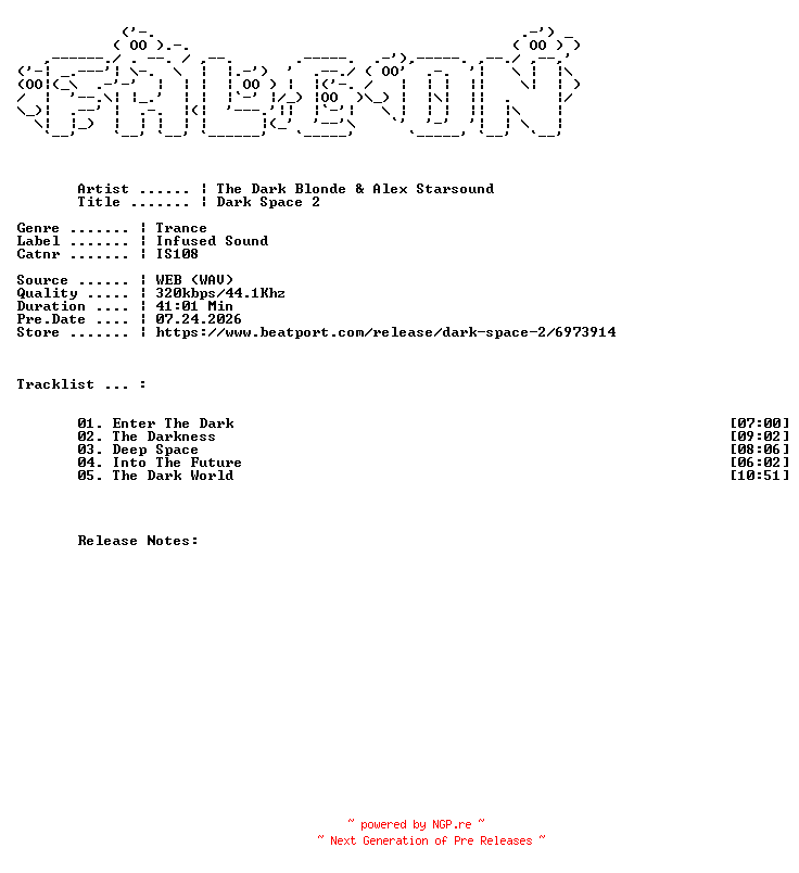NFO for the release The_Dark_Blonde_And_Alex_Starsound-DARK_SPACE_2-(IS108)-WEB-2026-FALCON by FALCON