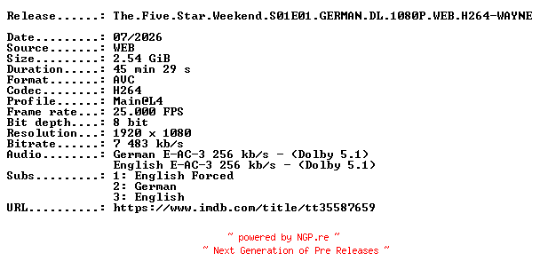 NFO for the release The.Five.Star.Weekend.S01E01.GERMAN.DL.1080P.WEB.H264-WAYNE by WAYNE