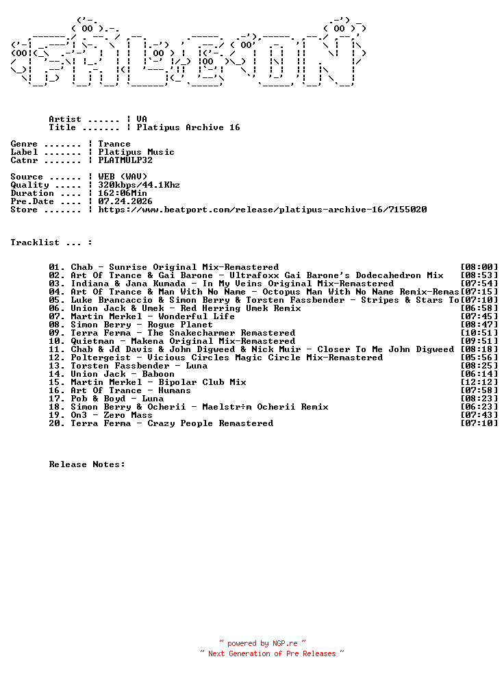 NFO for the release VA-Platipus_Archive_16-(PLATMULP32)-WEB-2026-FALCON by FALCON