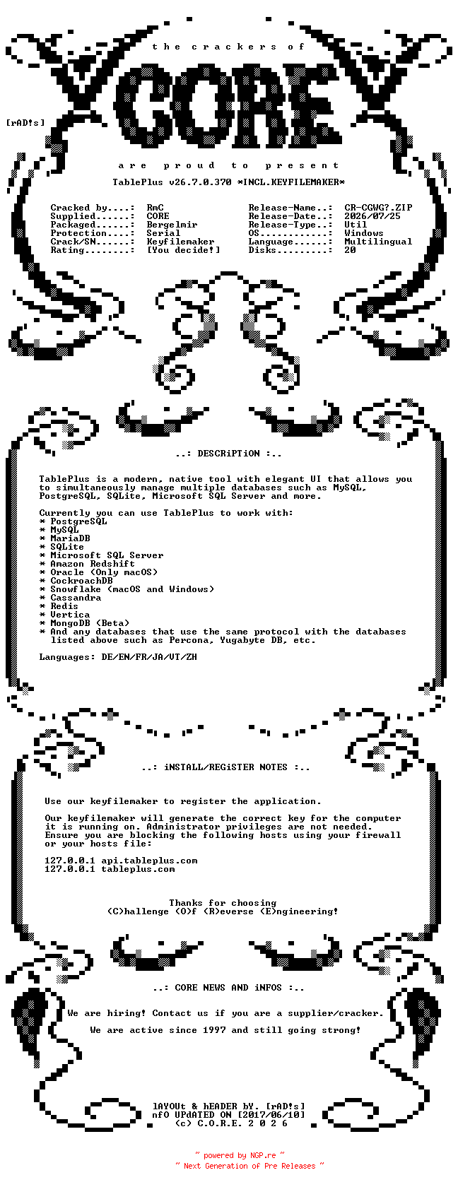 NFO for the release TablePlus.v26.7.0.370.x64.Multilingual.Incl.Keyfilemaker-CORE by CORE