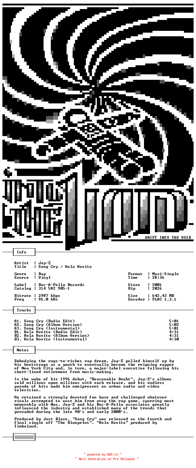 NFO for the release Jay-Z-Song_Cry-Hola_Hovito-VLS-FLAC-2001-THEVOiD by THEVOiD