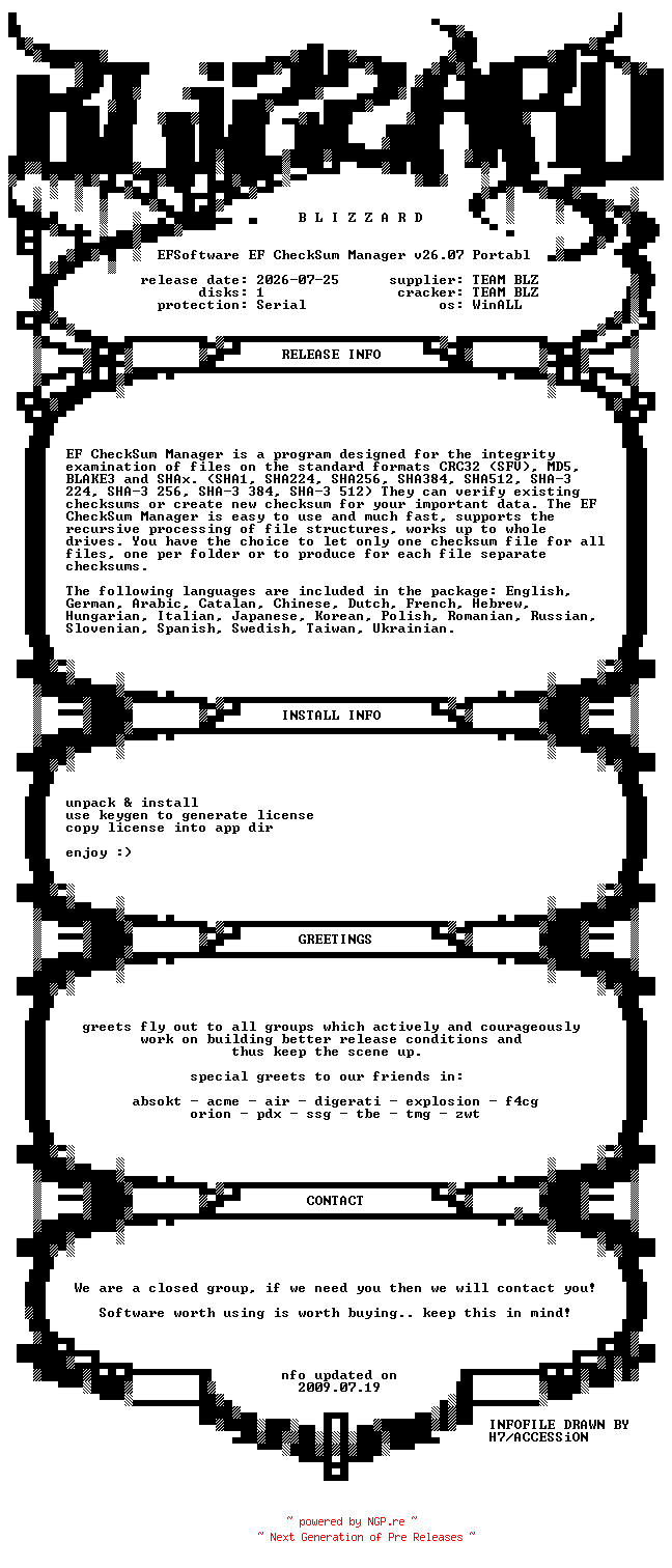 NFO for the release EFSoftware.EF.CheckSum.Manager.v26.07.Portable.x64.MultiLanguage.WinALL.Incl.Keygen-BLiZZARD by BLiZZARD