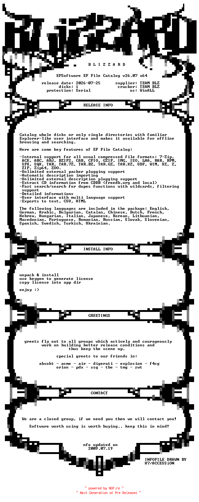 NFO for the release EFSoftware.EF.File.Catalog.v26.07.x64.MultiLanguage.WinALL.Incl.Keygen-BLiZZARD by BLiZZARD