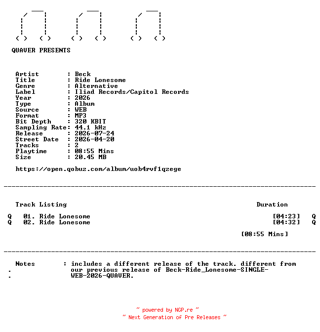 NFO for the release Beck-Ride_Lonesome-DIGITAL_45-WEB-2026-QUAVER by QUAVER