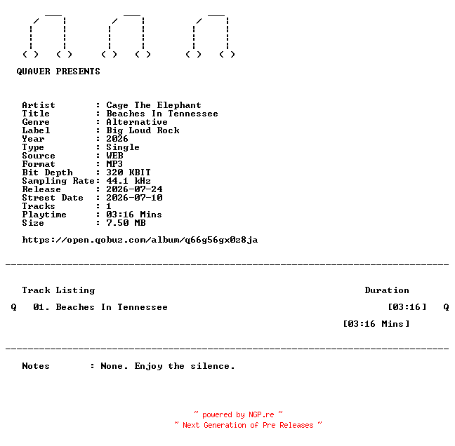 NFO for the release Cage_The_Elephant-Beaches_In_Tennessee-SINGLE-WEB-2026-QUAVER by QUAVER