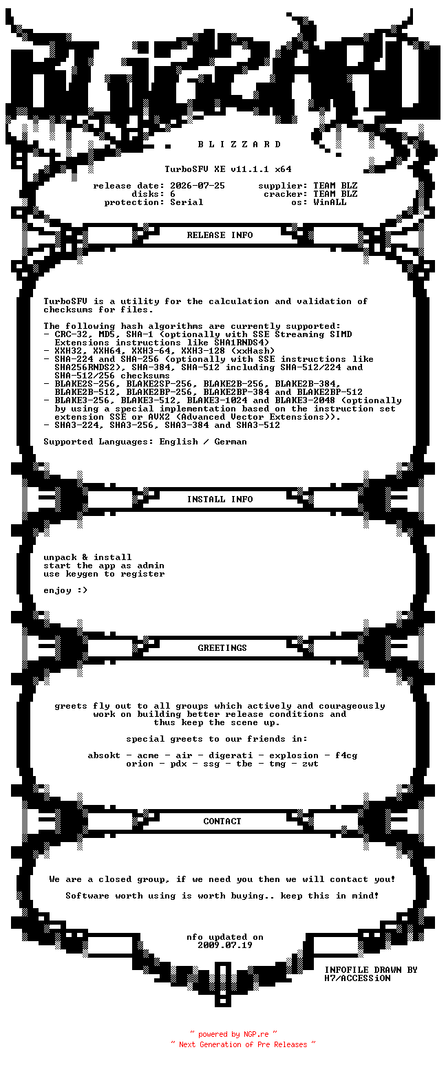 NFO for the release TurboSFV.XE.v11.1.1.x64.MultiLanguage.WinALL.Incl.Keygen-BLiZZARD by BLiZZARD