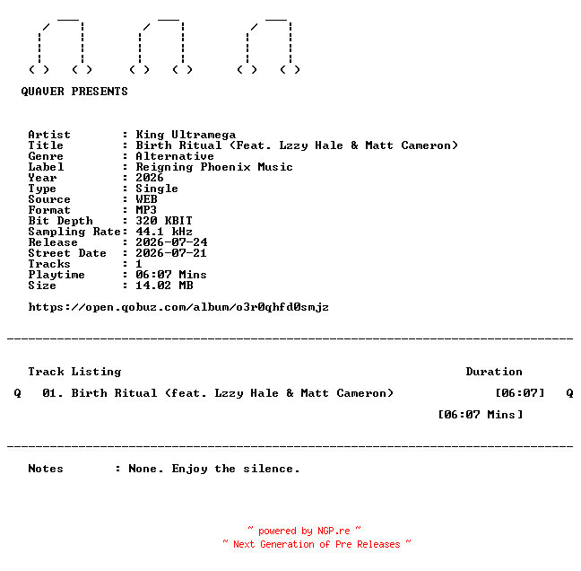 NFO for the release King_Ultramega-Birth_Ritual_(Feat._Lzzy_Hale_and_Matt_Cameron)-SINGLE-WEB-2026-QUAVER by QUAVER