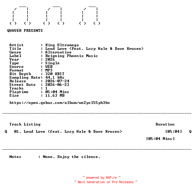 NFO for the release King_Ultramega-Loud_Love_(Feat._Lzzy_Hale_and_Dave_Krusen)-SINGLE-WEB-2026-QUAVER by QUAVER