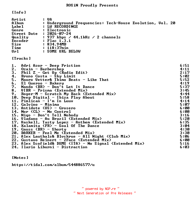 NFO for the release VA-Underground_Frequencies_Tech-House_Evolution_Vol._20-16BIT-WEB-FLAC-2026-ROSiN by ROSiN