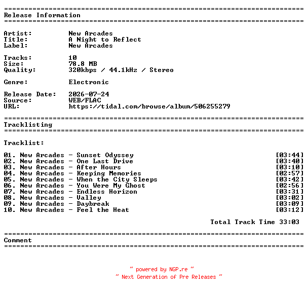 NFO for the release New_Arcades-A_Night_to_Reflect-WEB-2026-PIZZA by PIZZA