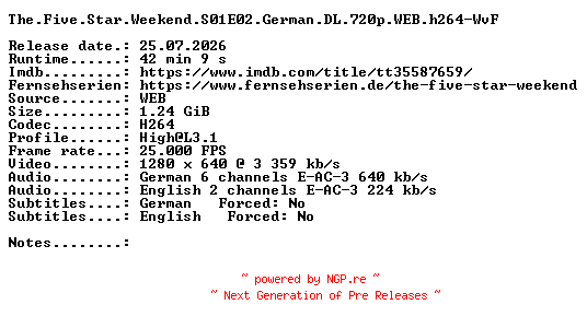 NFO for the release The.Five.Star.Weekend.S01E02.German.DL.720p.WEB.h264-WvF by WvF