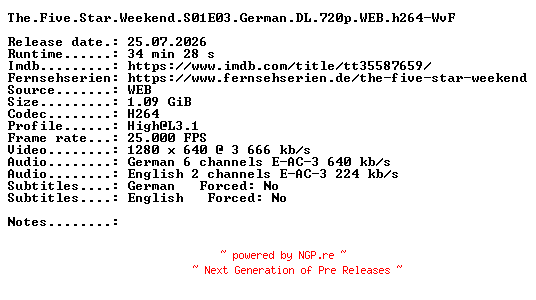NFO for the release The.Five.Star.Weekend.S01E03.German.DL.720p.WEB.h264-WvF by WvF