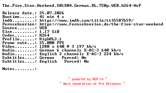 NFO for the release The.Five.Star.Weekend.S01E04.German.DL.720p.WEB.h264-WvF by WvF