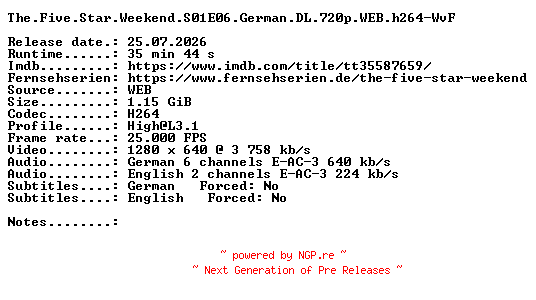 NFO for the release The.Five.Star.Weekend.S01E06.German.DL.720p.WEB.h264-WvF by WvF