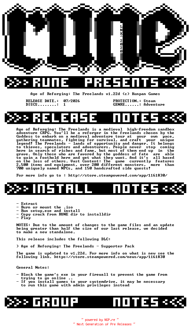 NFO for the release Age.of.Reforging.The.Freelands.v1.22d-RUNE by RUNE