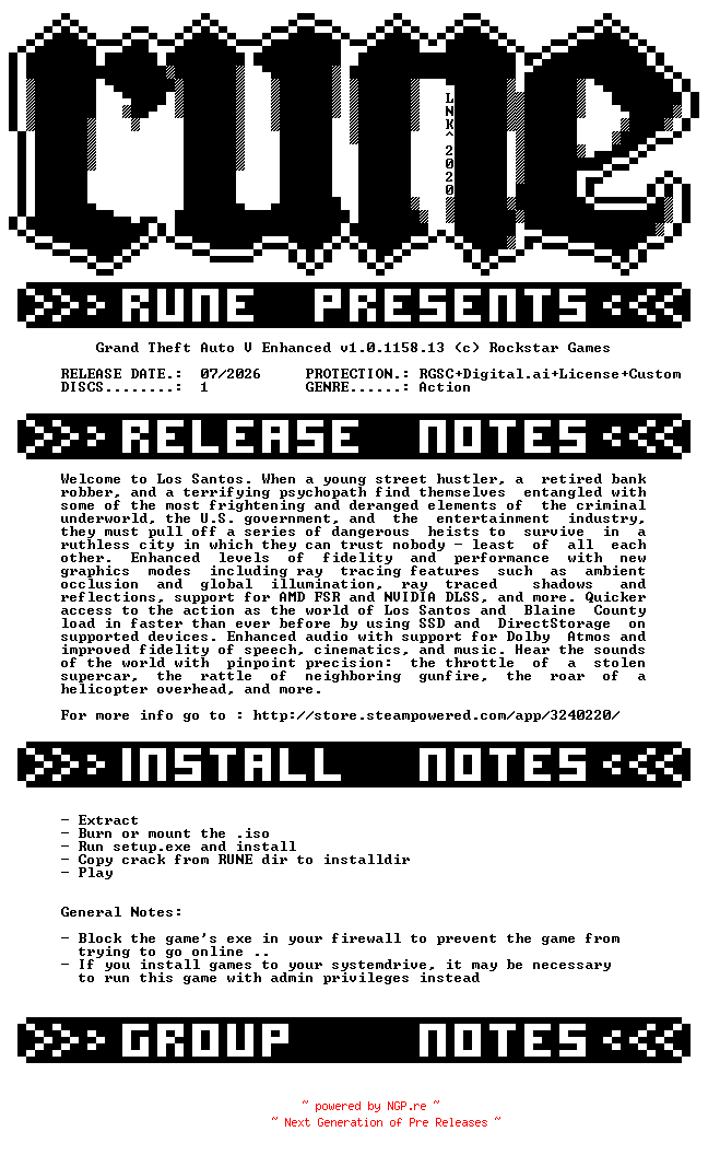 NFO for the release Grand.Theft.Auto.V.Enhanced.v1.0.1158.13-RUNE by RUNE