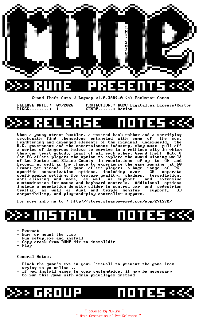 NFO for the release Grand.Theft.Auto.V.Legacy.v1.0.3889.0-RUNE by RUNE