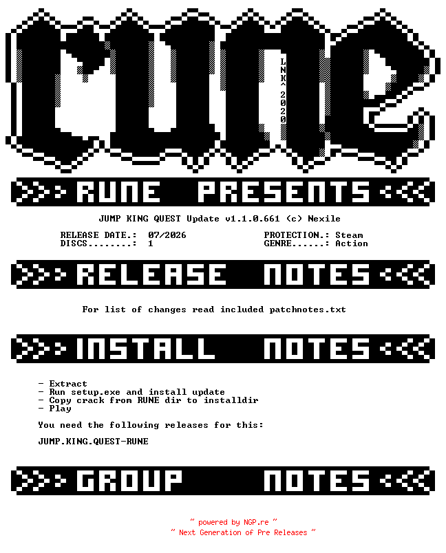 NFO for the release JUMP.KING.QUEST.Update.v1.1.0.661-RUNE by RUNE