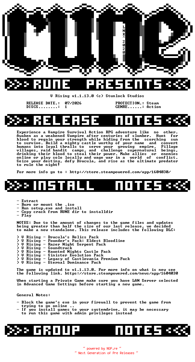 NFO for the release V.Rising.v1.1.13.0-RUNE by RUNE
