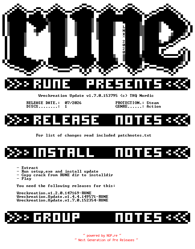 NFO for the release Wreckreation.Update.v1.7.0.153795-RUNE by RUNE
