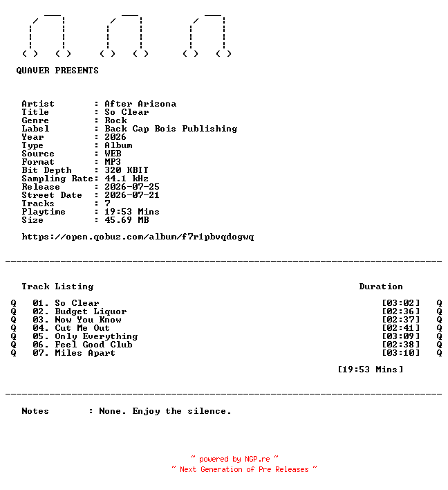 NFO for the release After_Arizona-So_Clear-WEB-2026-QUAVER by QUAVER