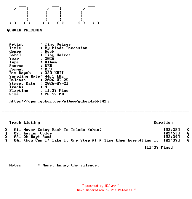 NFO for the release Tiny_Voices-My_Minds_Recession-EP-WEB-2026-QUAVER by QUAVER