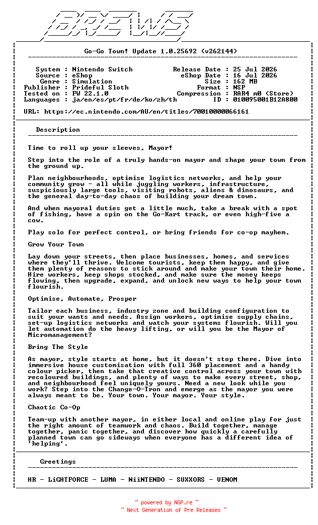NFO for the release Go-Go_Town_Update_v1.0.25692_NSW-BREWS by BREWS