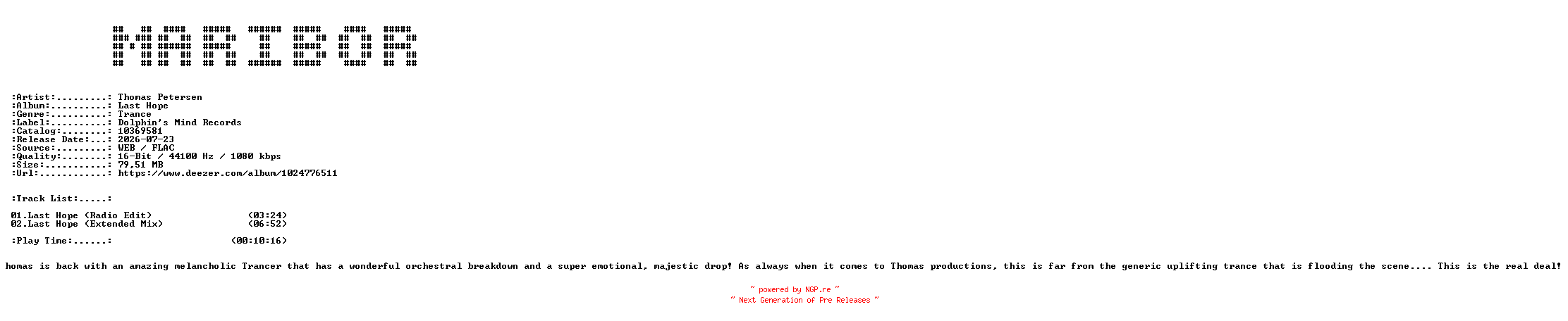 NFO for the release Thomas_Petersen-Last_Hope-(10369581)-16BIT-WEB-FLAC-2026-MARiBOR by MARiBOR