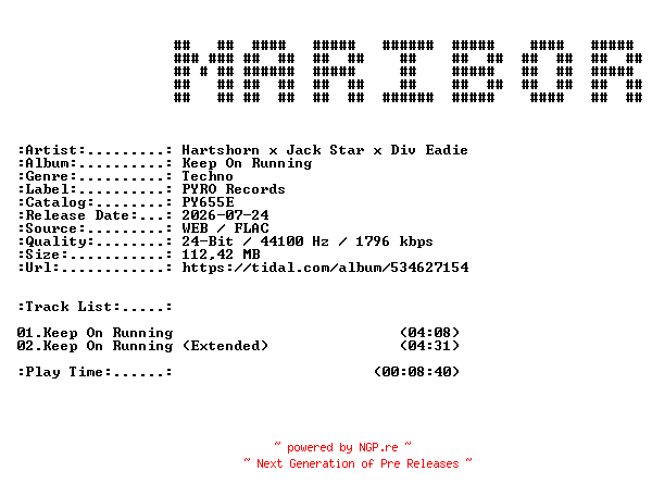 NFO for the release Hartshorn_x_Jack_Star_x_Div_Eadie-Keep_On_Running-(PY655E)-24BIT-WEB-FLAC-2026-MARiBOR by MARiBOR