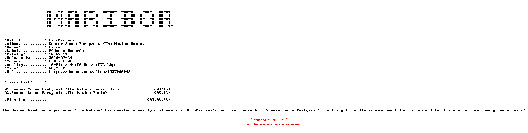 NFO for the release DrumMasterz-Sommer_Sonne_Partyzeit_(The_Nation_Remix)-(10367911)-DE-16BIT-WEB-FLAC-2026-MARiBOR by MARiBOR