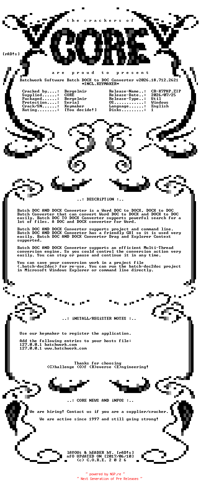 NFO for the release Batchwork.Software.Batch.DOCX.to.DOC.Converter.v2026.18.712.2621.Incl.Keymaker-CORE by CORE