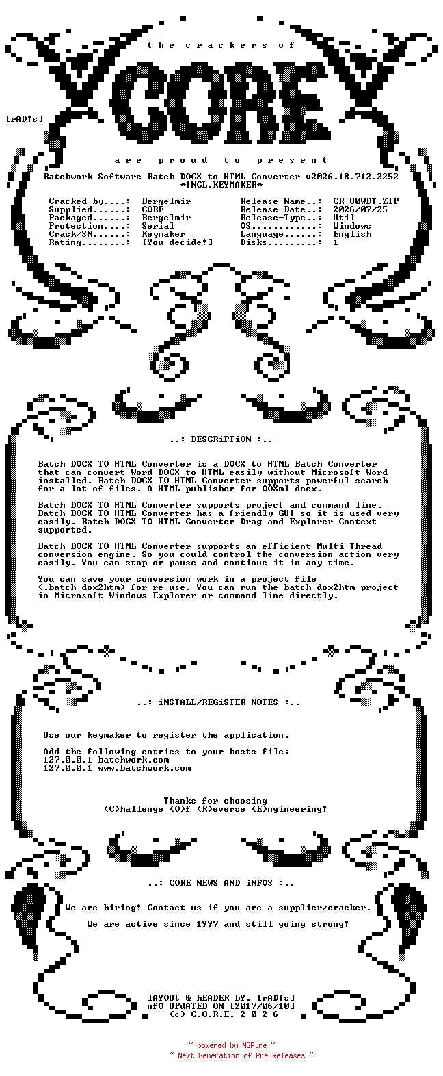 NFO for the release Batchwork.Software.Batch.DOCX.to.HTML.Converter.v2026.18.712.2252.Incl.Keymaker-CORE by CORE