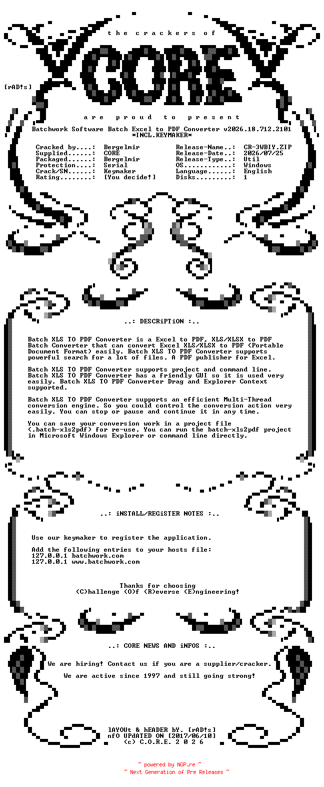 NFO for the release Batchwork.Software.Batch.Excel.to.PDF.Converter.v2026.18.712.2101.Incl.Keymaker-CORE by CORE