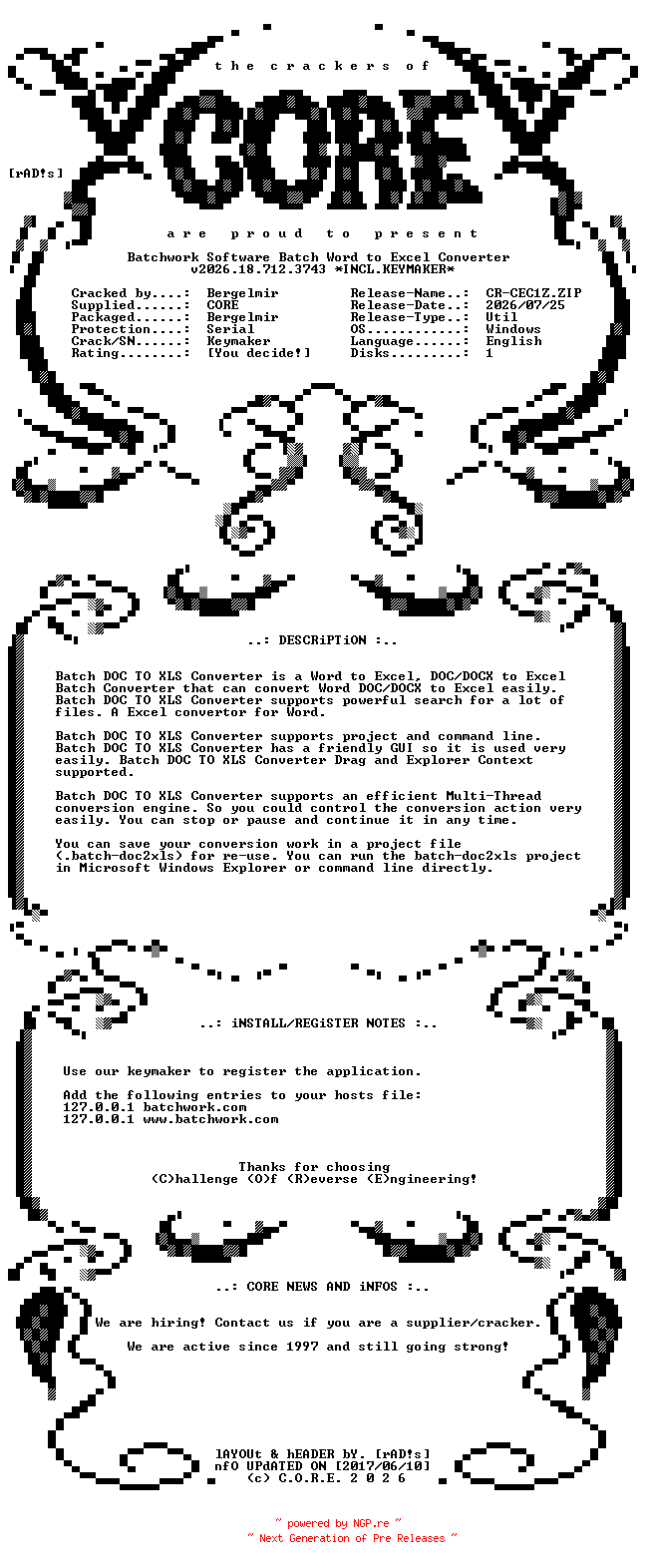NFO for the release Batchwork.Software.Batch.Word.to.Excel.Converter.v2026.18.712.3743.Incl.Keymaker-CORE by CORE