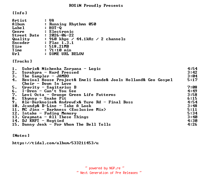 NFO for the release VA-Running_Rhythmn_050-16BIT-WEB-FLAC-2026-ROSiN by ROSiN