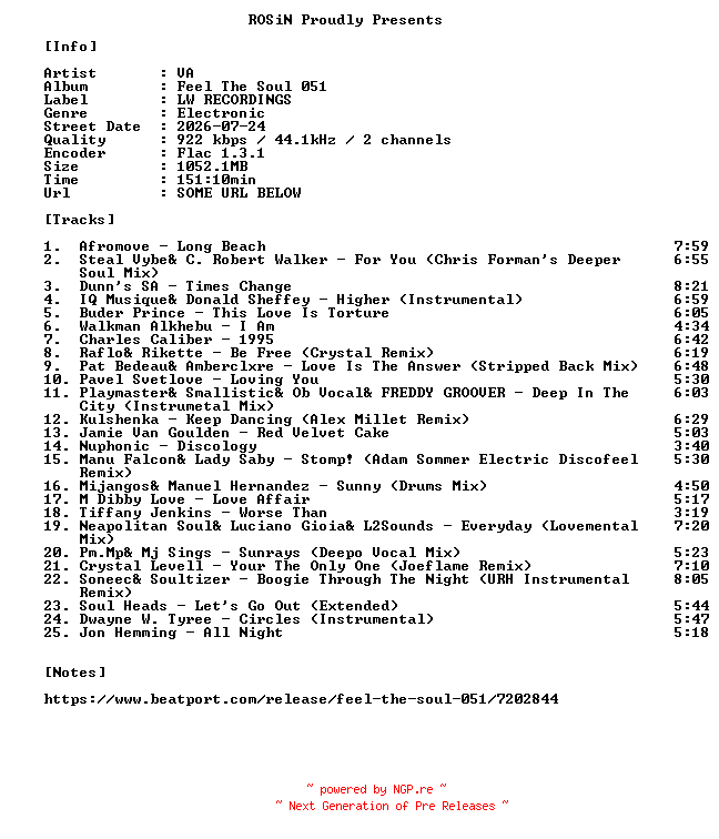 NFO for the release VA-Feel_The_Soul_051-16BIT-WEB-FLAC-2026-ROSiN by ROSiN