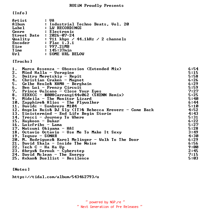 NFO for the release VA-Industrial_Techno_Beats_Vol._20-16BIT-WEB-FLAC-2026-ROSiN by ROSiN