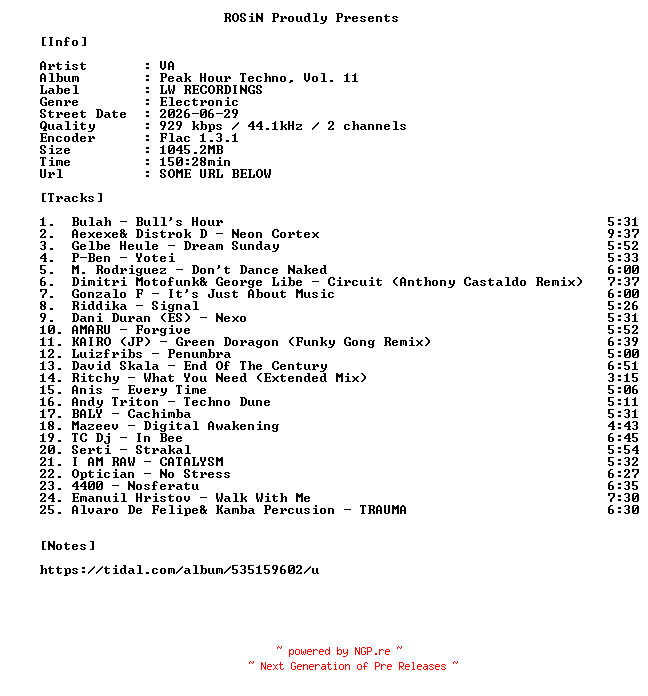 NFO for the release VA-Peak_Hour_Techno_Vol._11-16BIT-WEB-FLAC-2026-ROSiN by ROSiN