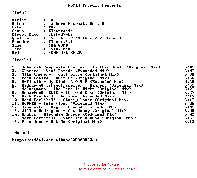 NFO for the release VA-Jackers_Retreat_Vol._8-16BIT-WEB-FLAC-2026-ROSiN by ROSiN