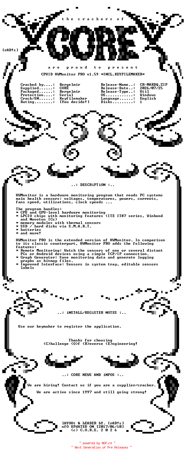 NFO for the release CPUID.HWMonitor.PRO.v1.59.Incl.Keyfilemaker-CORE by CORE