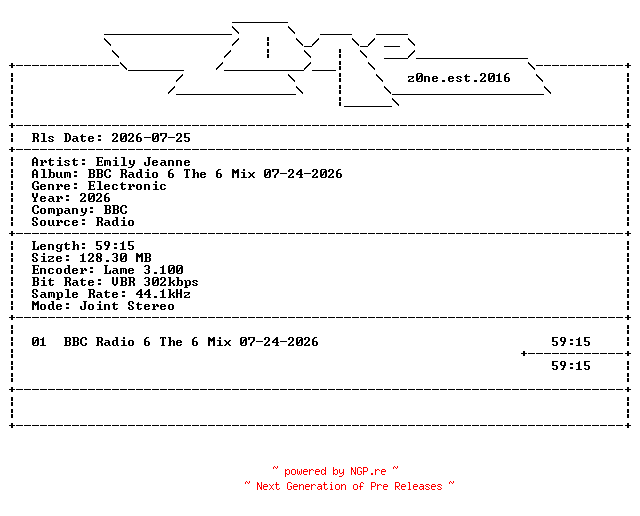 NFO for the release Emily_Jeanne-BBC_Radio_6_The_6_Mix-DAB-07-24-2026-z0ne by z0ne