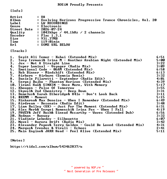 NFO for the release VA-Evolving_Horizons_Progressive_Trance_Chronicles_Vol._20-16BIT-WEB-FLAC-2026-ROSiN by ROSiN