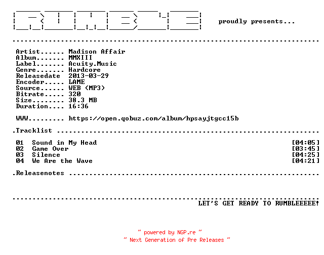 NFO for the release Madison_Affair-MMXIII-EP-(WEB)-2013-RUMBLE by RUMBLE