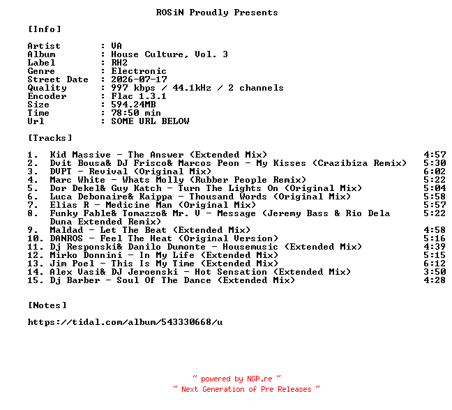 NFO for the release VA-House_Culture_Vol._3-16BIT-WEB-FLAC-2026-ROSiN by ROSiN