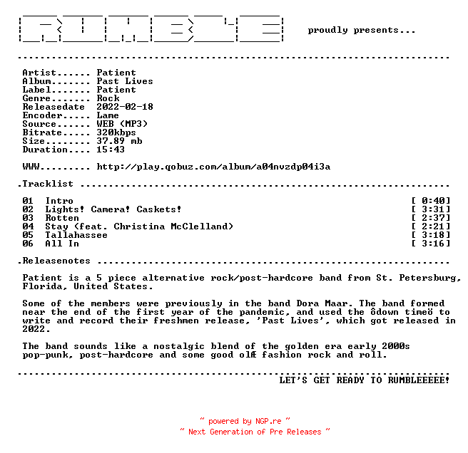 NFO for the release Patient-Past_Lives-EP-(WEB)-2022-RUMBLE by RUMBLE