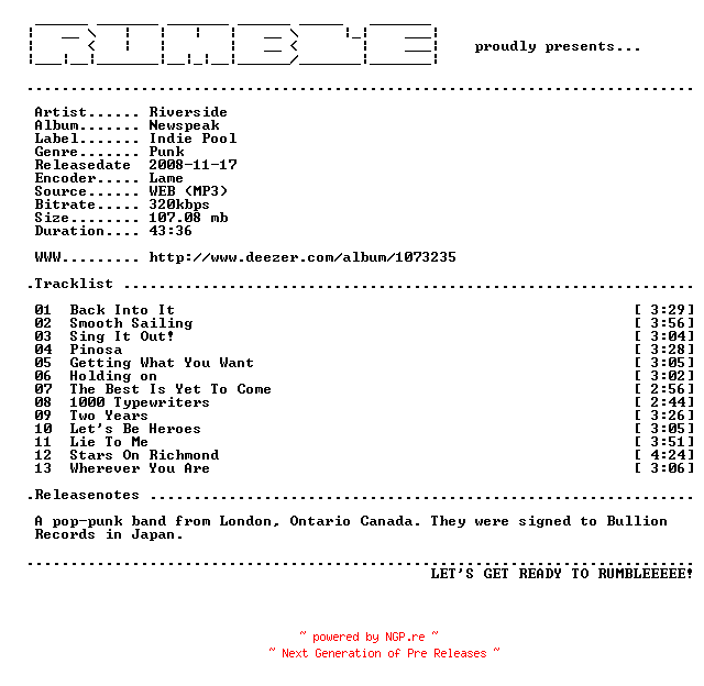 NFO for the release Riverside-Newspeak-(WEB)-2008-RUMBLE by RUMBLE