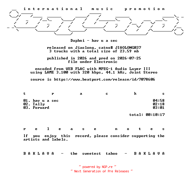 NFO for the release Daphni-Hav_U_A_Sec-(JIAOLONG037)-WEB-2026-BAKLAVA by BAKLAVA