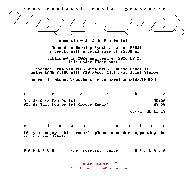 NFO for the release Absentia-Je_Suis_Fou_De_Toi-(BS039)-WEB-2026-BAKLAVA by BAKLAVA