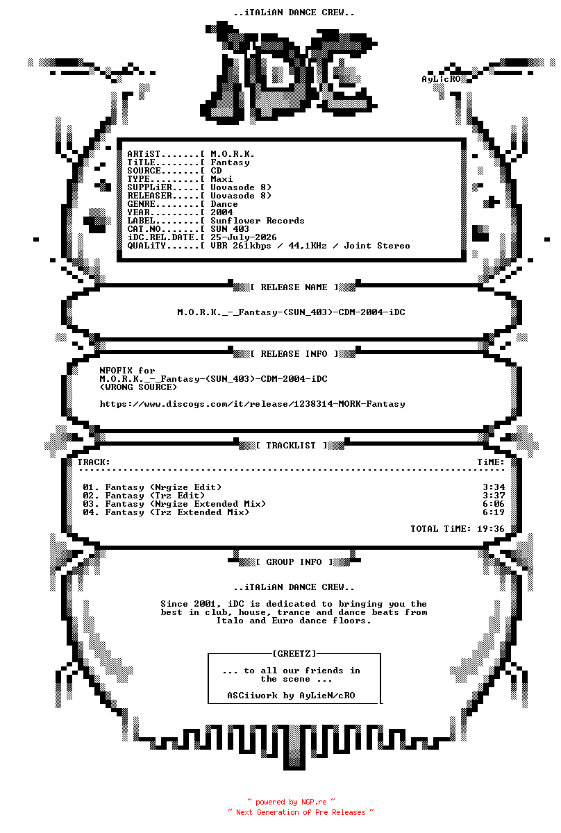 NFO for the release M.O.R.K._-_Fantasy-(SUN_403)-NFOFIX-CDM-2004-iDC by iDC