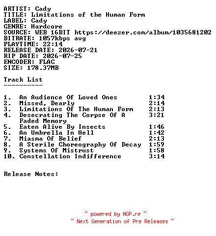 NFO for the release Cady-Limitations_Of_The_Human_Form-16BIT-WEB-FLAC-2026-SDR by SDR